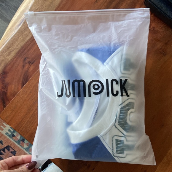 pieced sweatshirt top trendy mixed media long sleeve embroidered blue white M - Picture 16 of 16